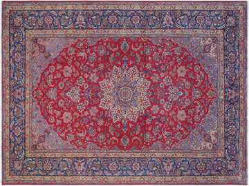 handmade Medallion, Traditional Kashan Red Blue Hand Knotted RECTANGLE 100% WOOL area rug 10x13